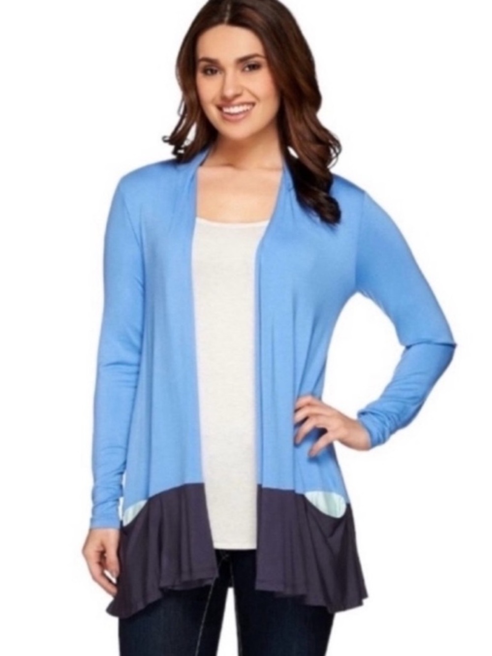 LOGO by Lori Goldstein Light Blue and Navy Long Sleeve Open Cardigan Size XS